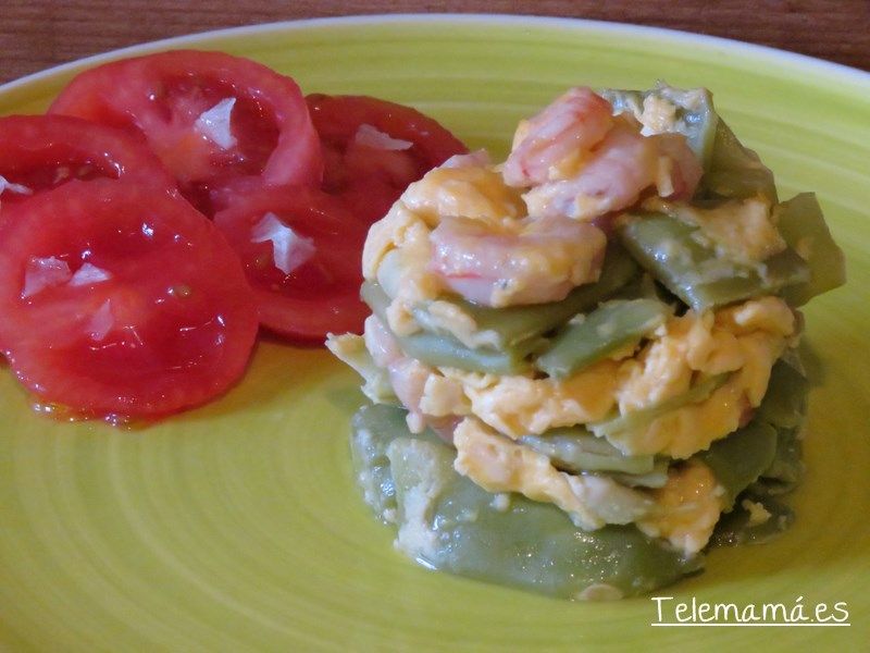 Revuelto de judías verdes con gambas.